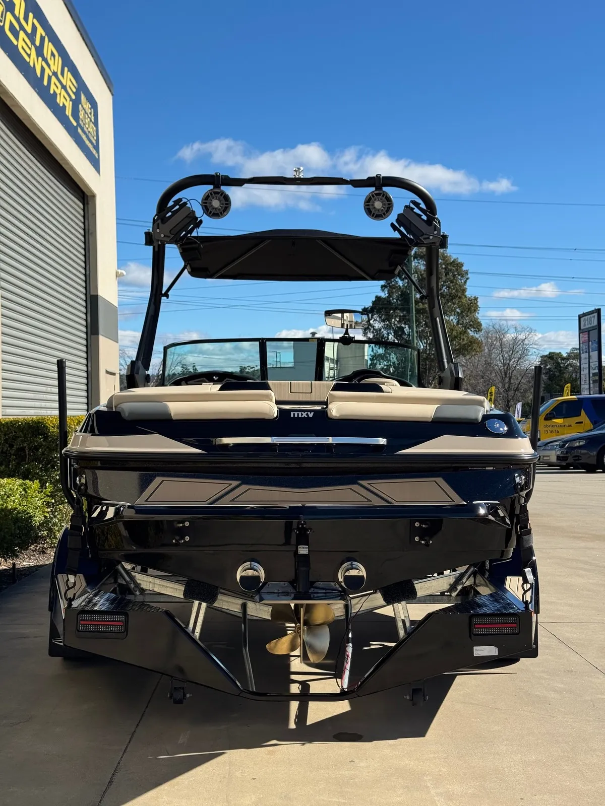 MXV stern with the tower, speakers and board racks